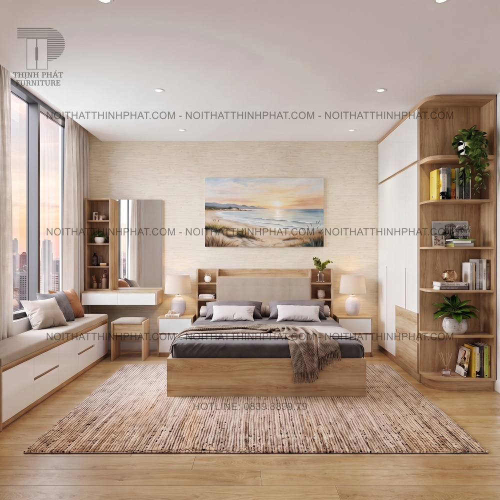 Combo Phòng Ngủ MDF Hiện Đại Tone Gỗ Sồi Phối Trắng Có Tủ Áo 2 Tầng Kèm Kệ Bo Góc Và Bàn Phấn Treo Tường - PN09